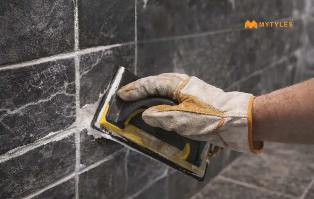 Epoxy Grout has been applied to the tiles 